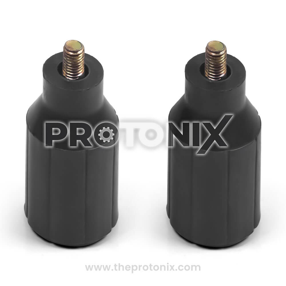 Front view of adjustable legs for refrigerator (Black) showing screw threads and locking system