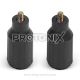 Front view of adjustable legs for refrigerator (Black) showing screw threads and locking system