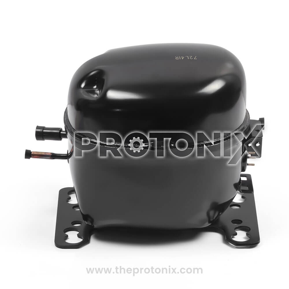 Front view of MA72LHEG compressor for LG refrigerator with pipe fittings and stand