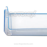 Close-up view of bottle shelf for LG double-door refrigerator showing plastic texture and frame