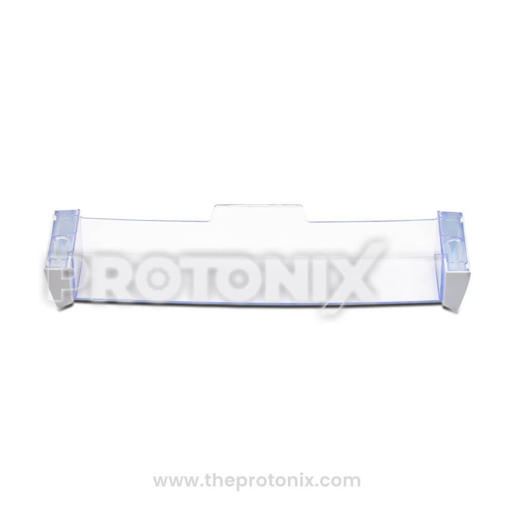 Front view of bottle shelf for Godrej refrigerator showing wide frame and smooth finish