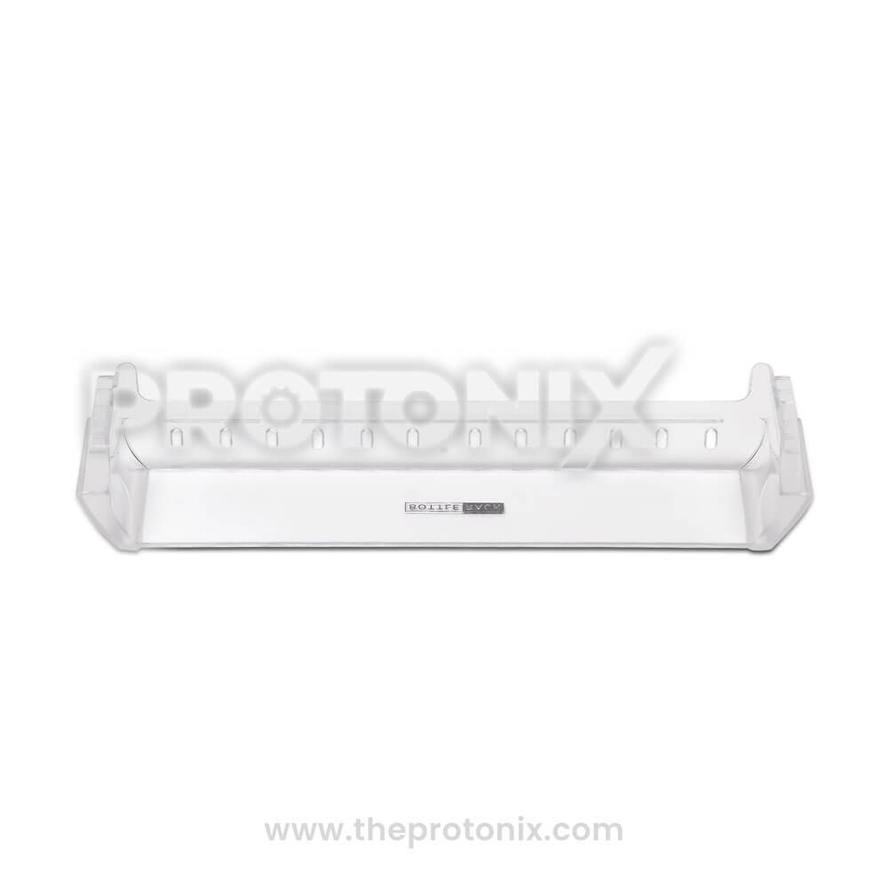 Front view of bottle shelf for Whirlpool single & double-door refrigerator showing wide frame