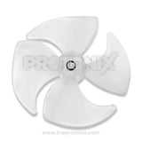 Front view of transparent fan blade for refrigerator showing curved blades and central hub