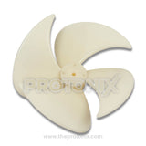 Front view of fan blade for refrigerator showing curved blades and central hub (off white color)