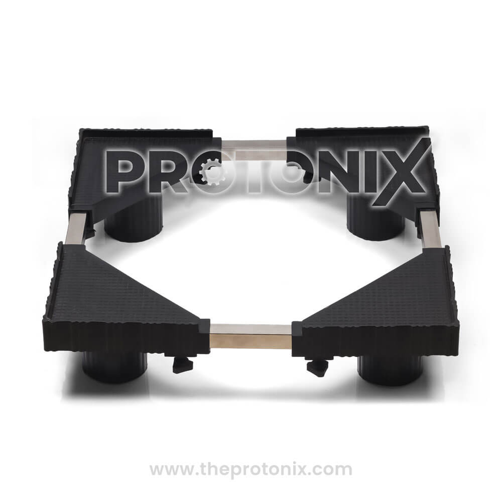 Front view of adjustable stand for single & double-door refrigerator with strong frame