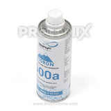 Full image of R600a refrigerant gas bottle for refrigerator with blue logo and product details with 200g