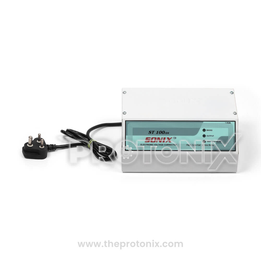 Front view of Sonix ST100DX voltage stabilizer 1 kVA with digital display and power cord