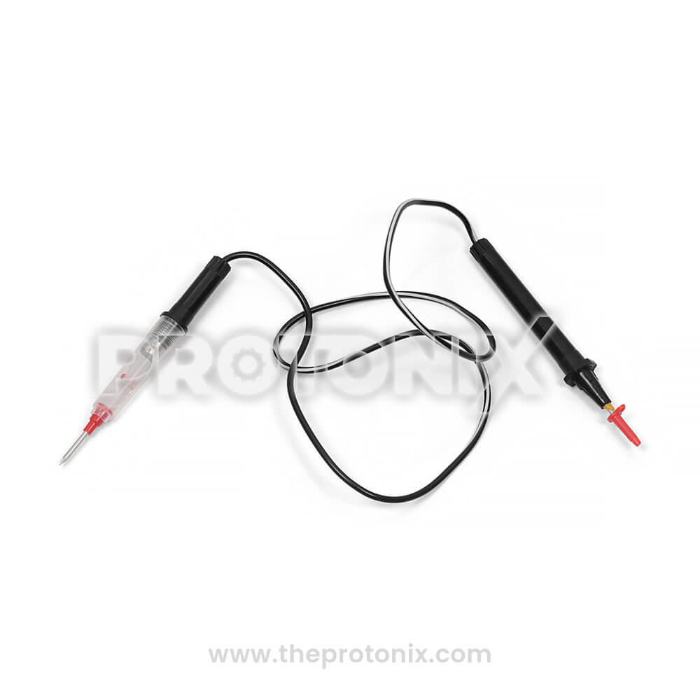 Front view of small electrical continuity tester with test probe and strong body