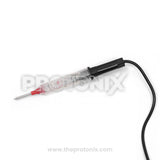 Close-up of electrical continuity tester with transparent body, probe tip, and black wire (small)