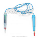 Front view of electrical continuity tester with blue body and transparent probe tip (big)
