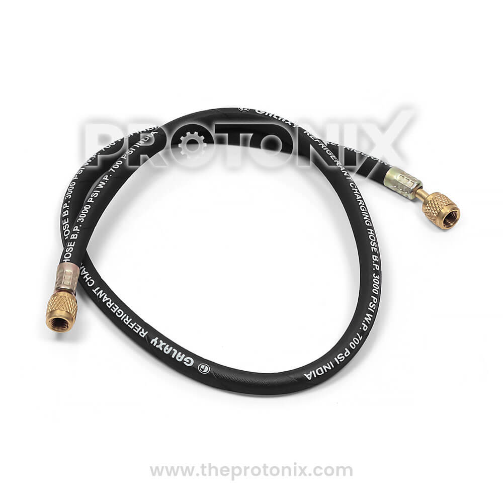 Front view of black refrigerant charging hose with brass connector