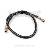 Front view of black refrigerant charging hose with brass connector