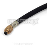 Side profile of black refrigerant charging hose showing flexible body