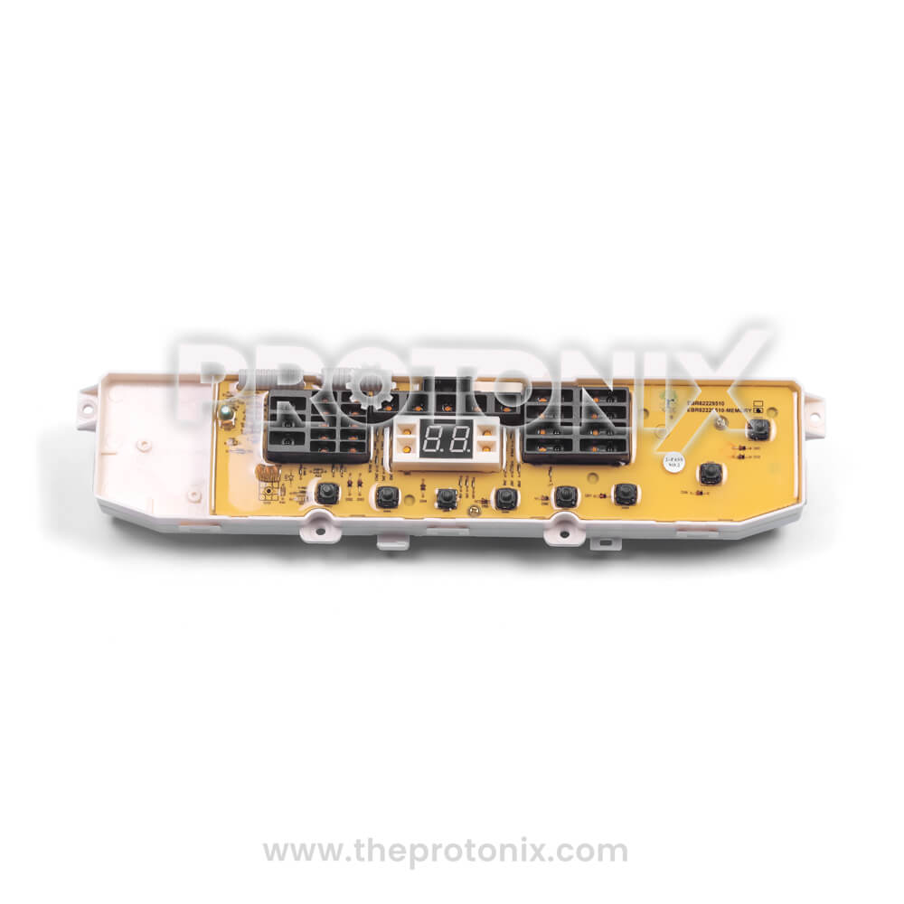 Front view of LG top-load 8-button PCB EBR62229510 with digital display and control panel