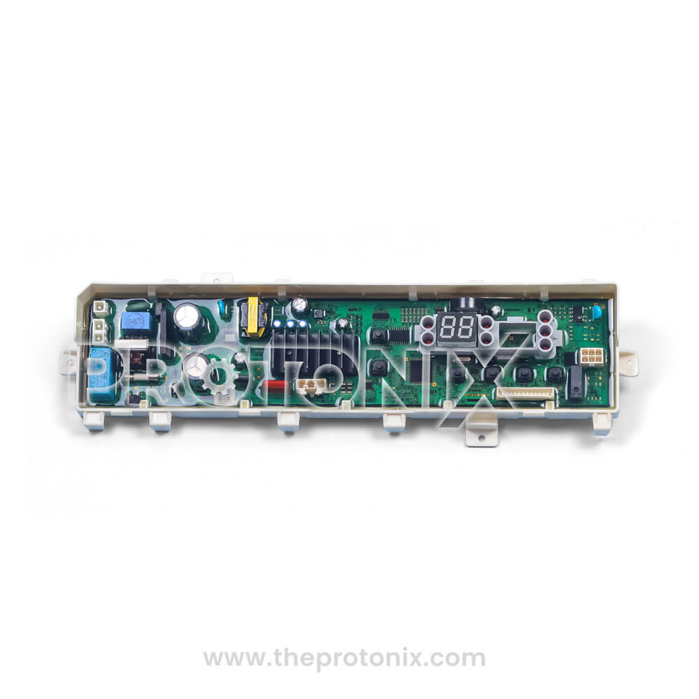 Front view of Samsung inverter top-load 6-button PCB with green circuit board and digital display