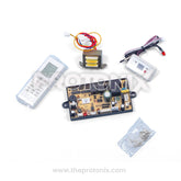 Front view of universal PCB for air conditioner with DC motor with remote control and installation accessories