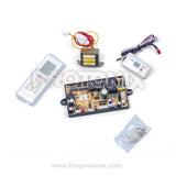 Front view of universal PCB for air conditioner with DC motor with remote control and installation accessories