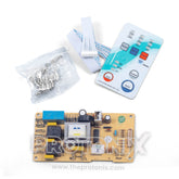 Front view of universal microwave oven PCB YM900MO showing yellow circuit board and accessories