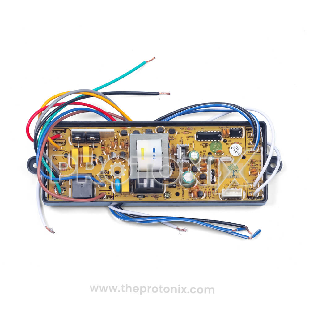 Front view of universal PCB for top-load washing machine IND 6688 with yellow circuit board and wires with copper ends