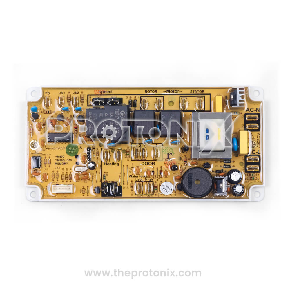 Front view of Universal PCB YM800 for front-load washing machine showing relays, capacitors, and connectors