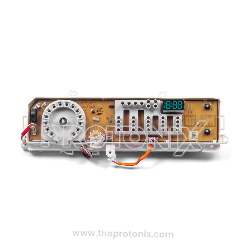 Front view of Samsung inverter front-load PCB (4-digit display) highlighting connectors and display