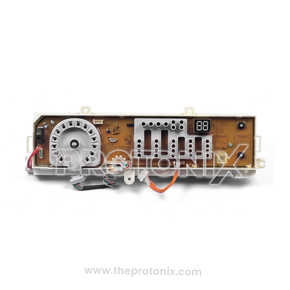 Front view of Samsung inverter front-load PCB (2-digit display) with display, heat sink, and connectors