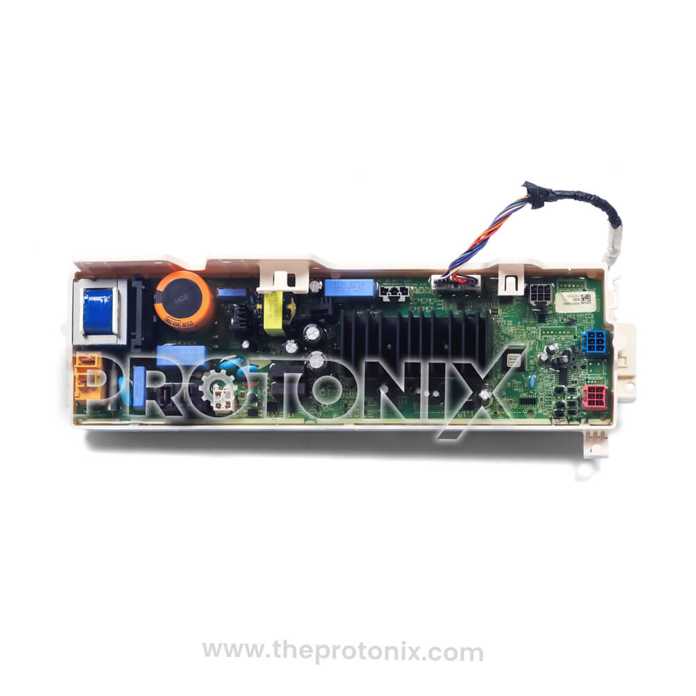 LG front-load inverter washing machine PCB front side showing connectors and wiring ports