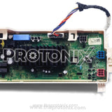 LG front-load inverter washing machine PCB showing capacitors and connector sockets