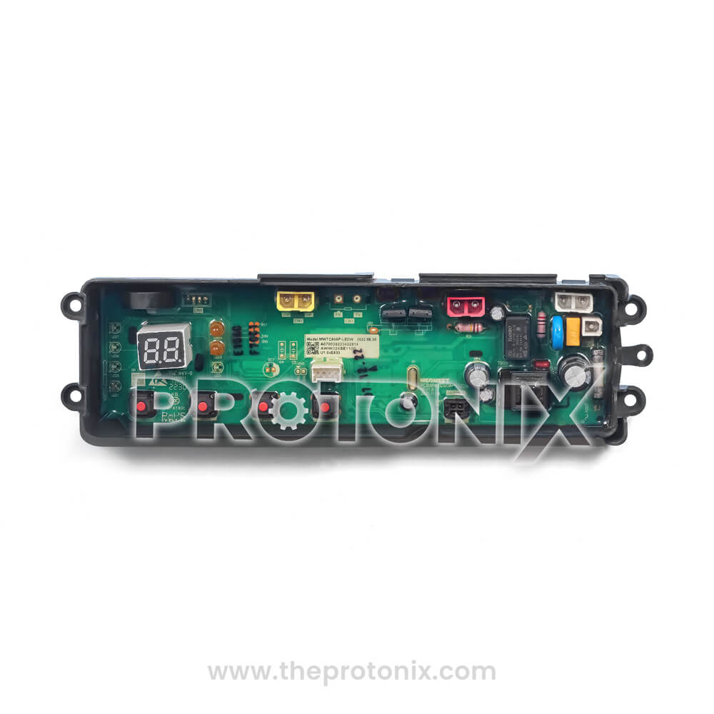 Front view of Panasonic top-load 4-button PCB highlighting connectors and wiring ports with display