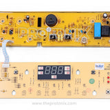 Center close-up of β Whirlpool H-80 top-load 7-button PCB showing relays, capacitors, and circuit layout with joints