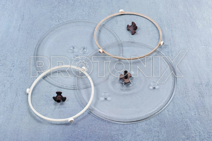 Collection of glass tray plates, turntable support rings and couplers for microwave ovens