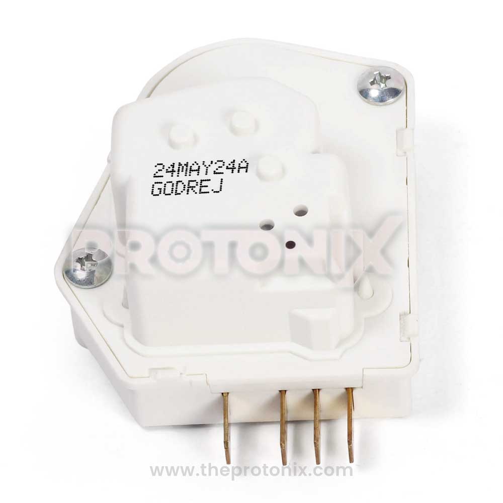 A white 4-pin defrost timer for a Godrej refrigerator.
