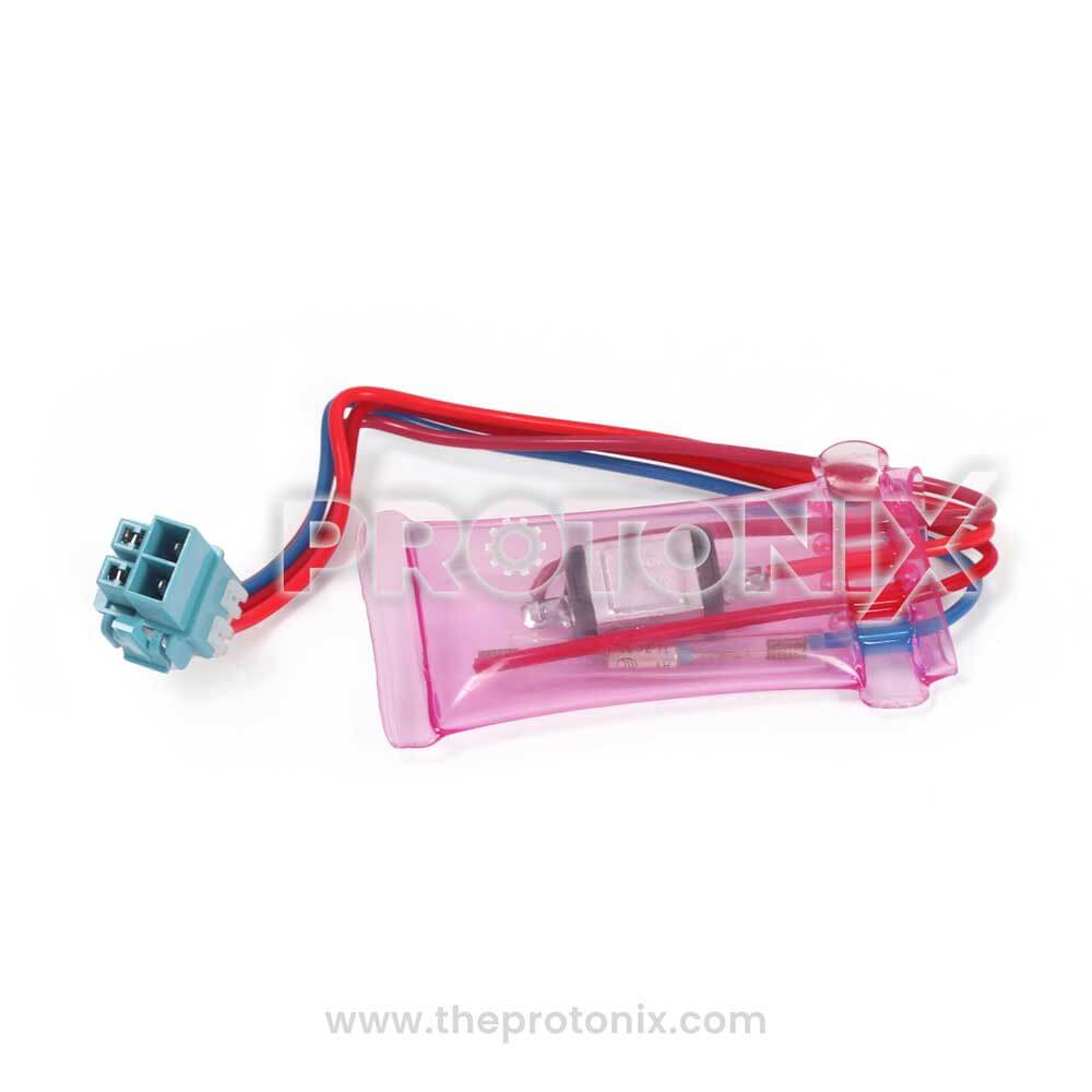A pink 4-wire bimetal component with a blue connector and multicolored wires, typically used in LG refrigerators.