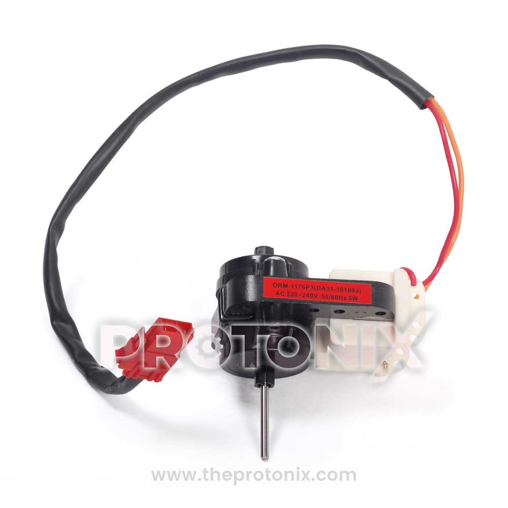 A 230VAC fan motor for a Samsung refrigerator, showing a black motor, a red wire, and a white plastic part.