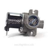 Close-up of water inlet valve for top-load washing machine.