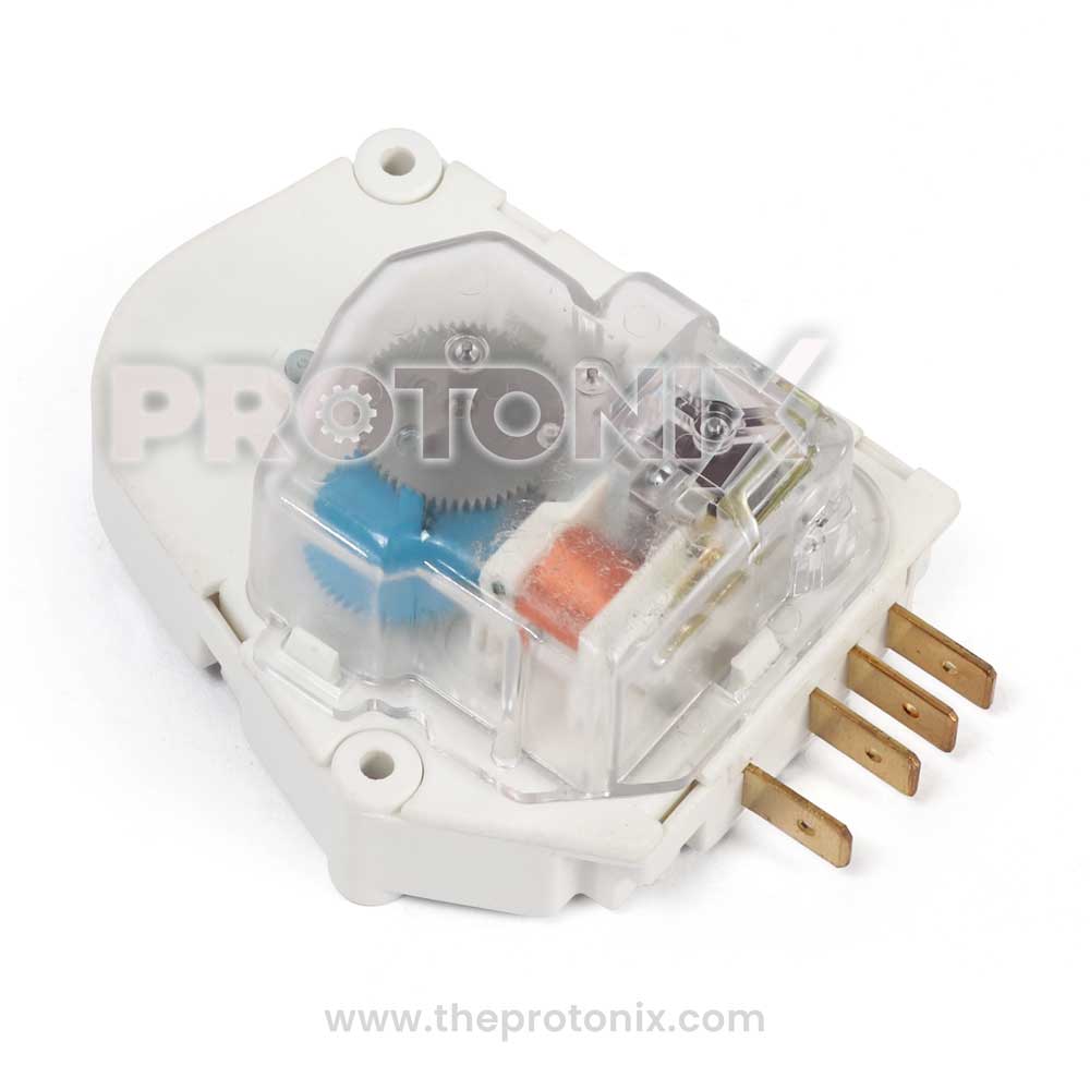 A 4-pin defrost timer for a Whirlpool refrigerator, with visible gears and electrical components.