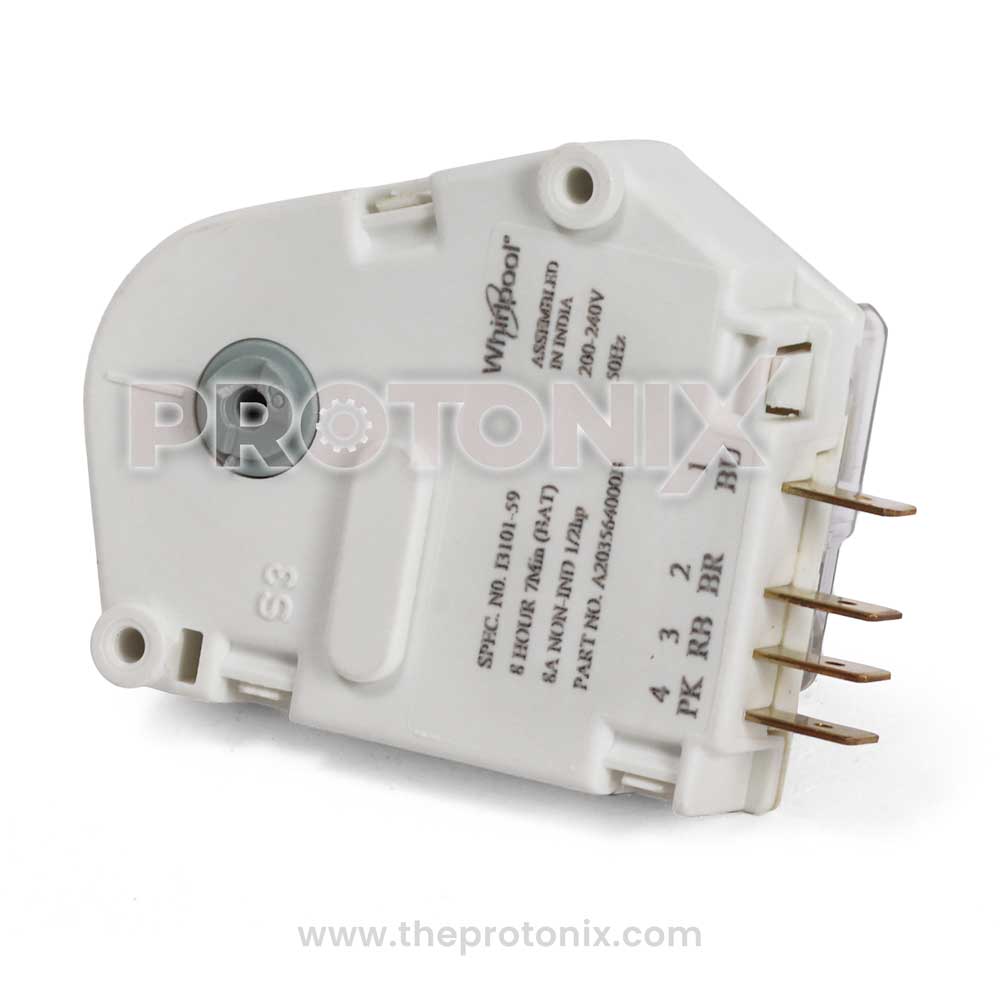 Bottom view of a 4-pin defrost timer suitable for Whirlpool refrigerators.