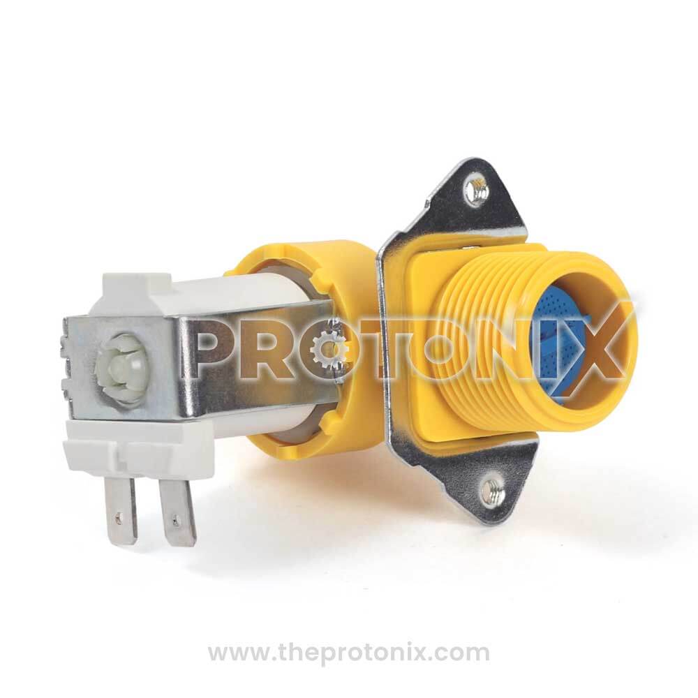 Yellow Inlet valve for Whirlpool fully automatic washing machine with metal components and a threaded pipe connection.
