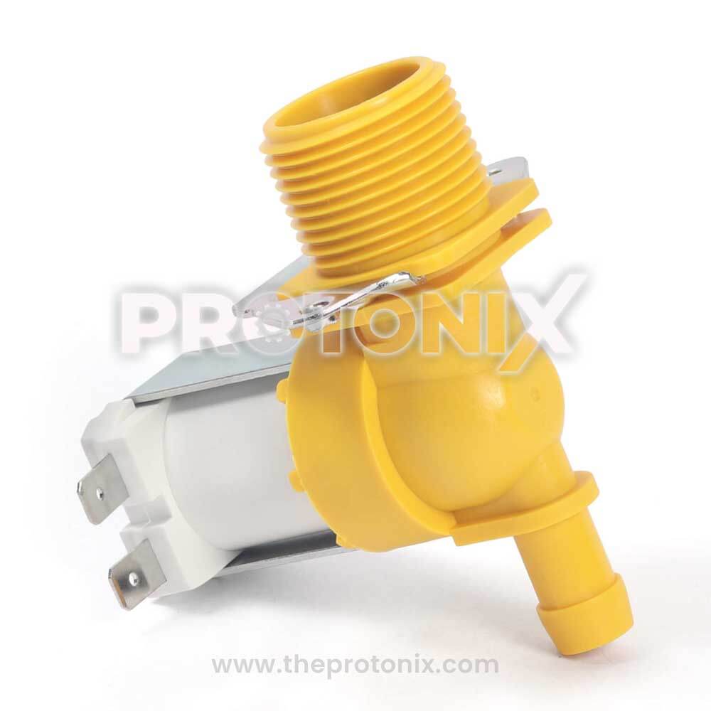 A Whirlpool top-load water inlet valve, primarily yellow in color.