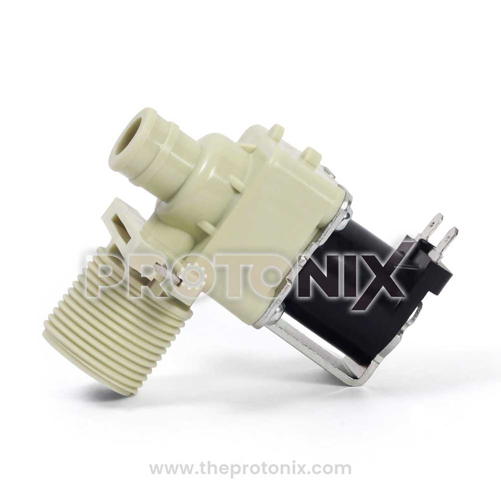 A beige and black colored LG top-load inlet valve for a washing machine with visible connectors.