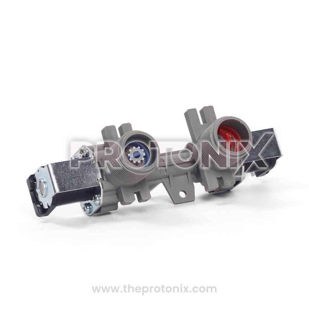 A gray inlet valve for LG top-load washing machine with dual water flow ports.