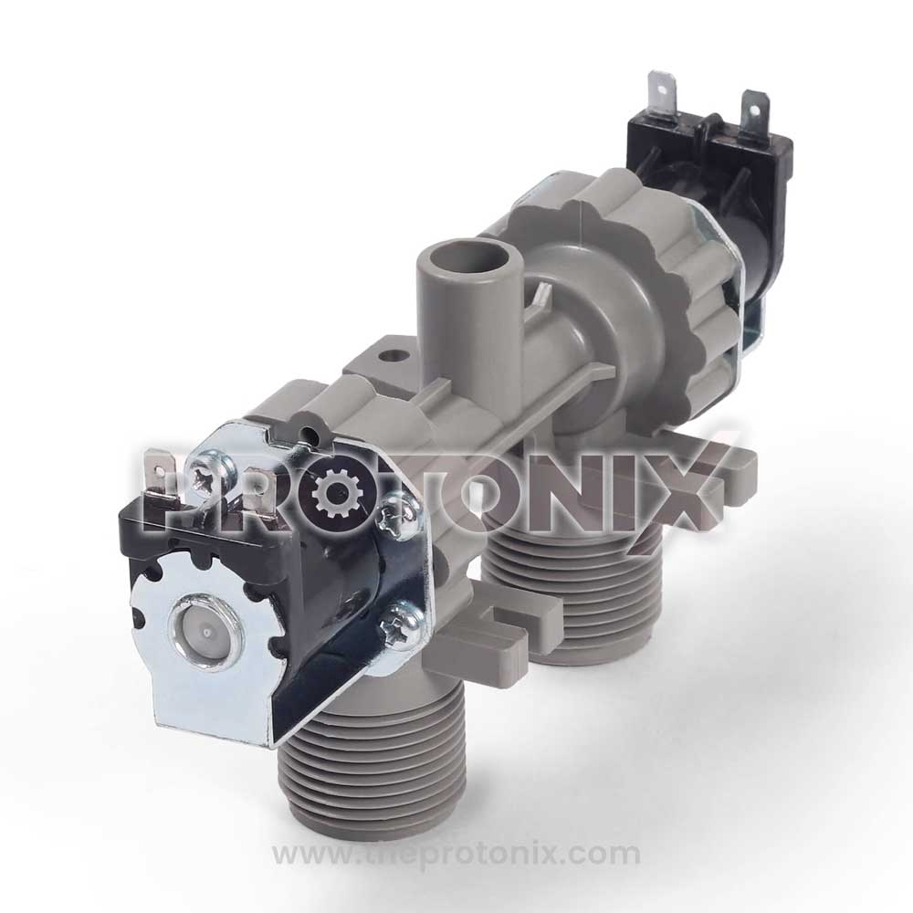 Top-load inlet valve for LG washing machine with two threaded ports.