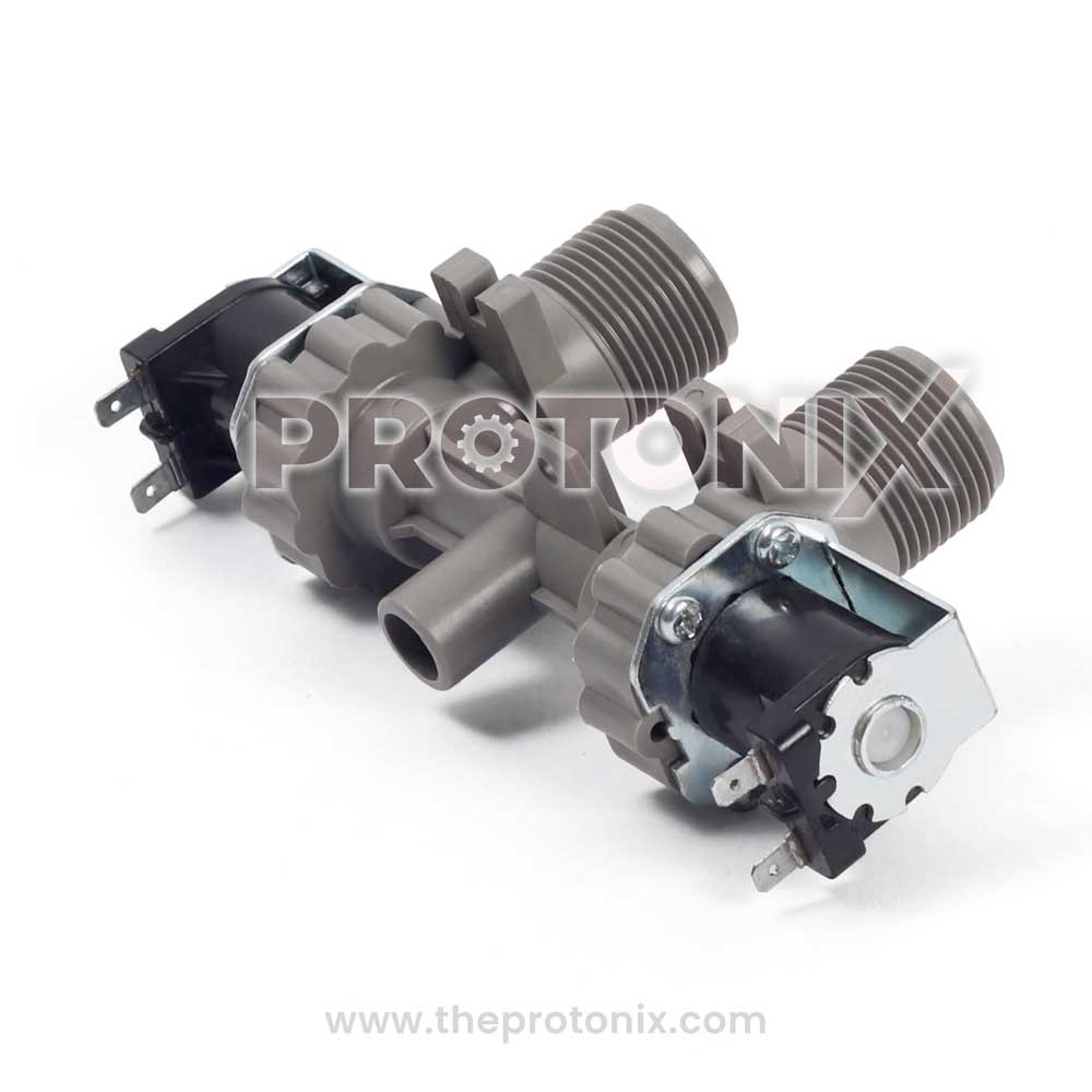 Top-load 2-way water inlet valve for washing machine, primarily gray in color.