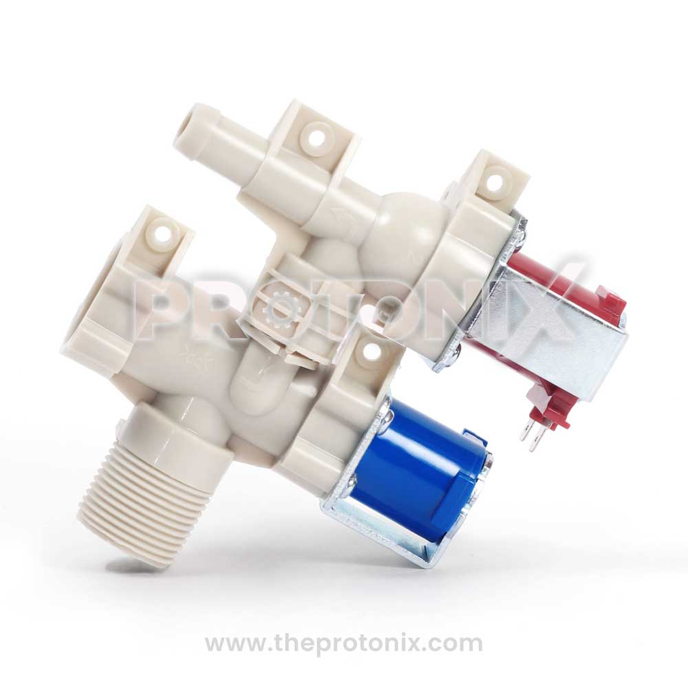 Double water inlet valve for LG top-load washing machine with red and blue colors.