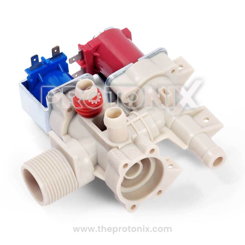 LG top-load DC 2-way water inlet valve with red and blue colors.