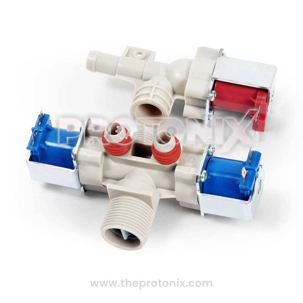 LG top-load DC 3-way water inlet valve, red and blue color.