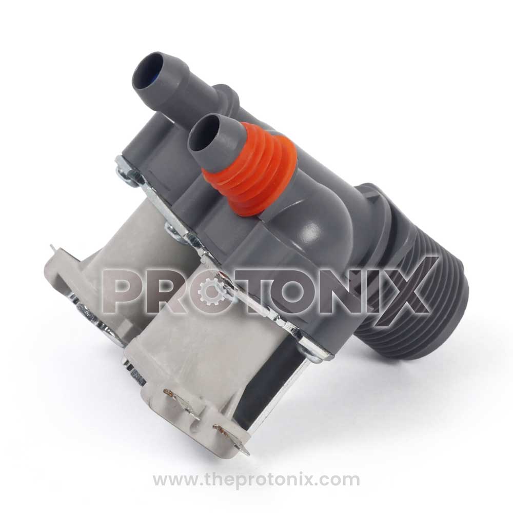 Samsung top-load 2-way water inlet valve in gray with dual, on a white background.
