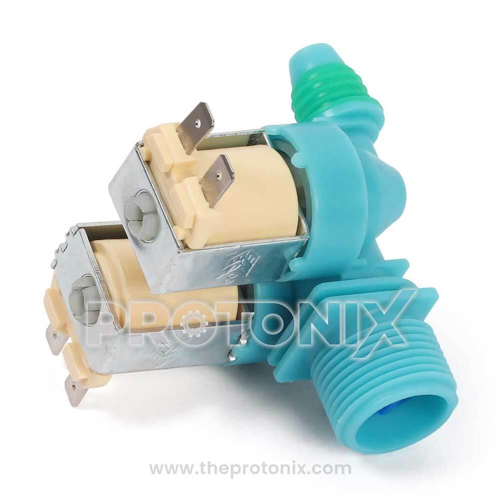 Samsung top-load 2-way water inlet valve in blue with dual, on a white background.