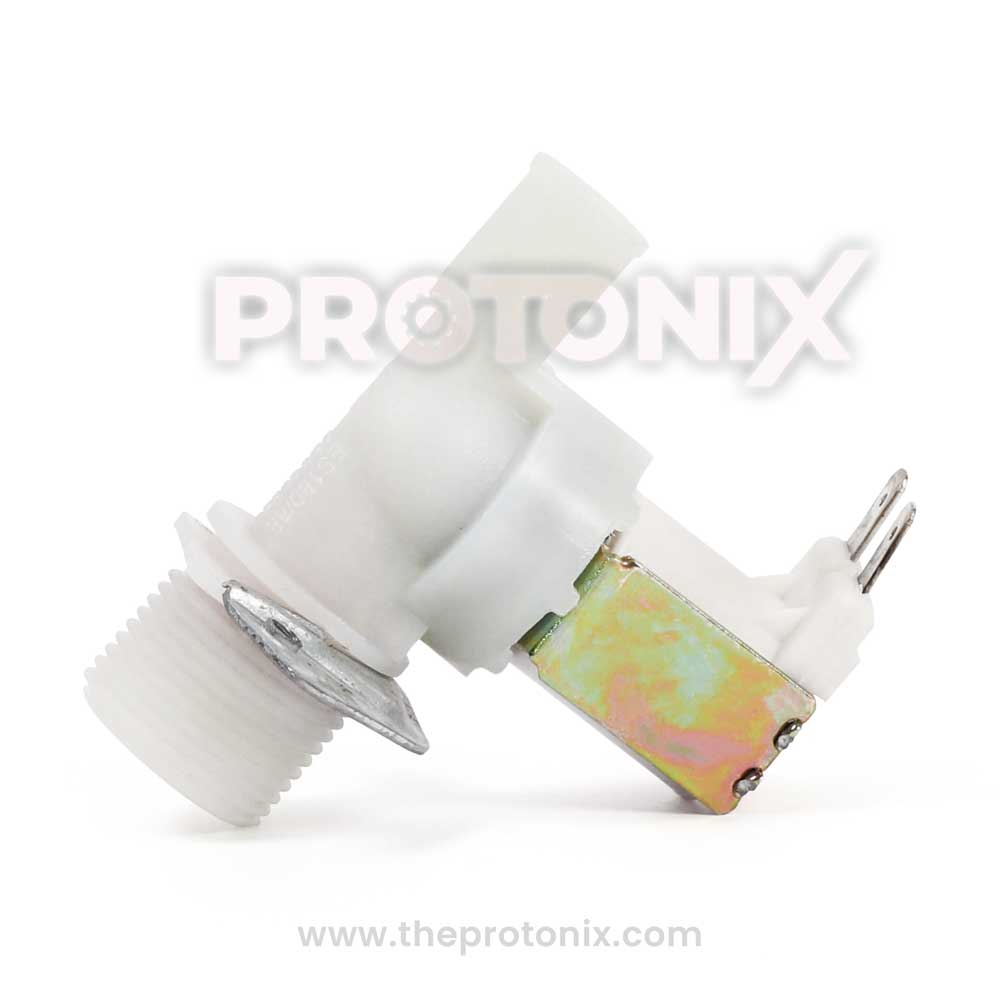 Godrej top-load water inlet valve with plastic and metallic body with visible connectors.