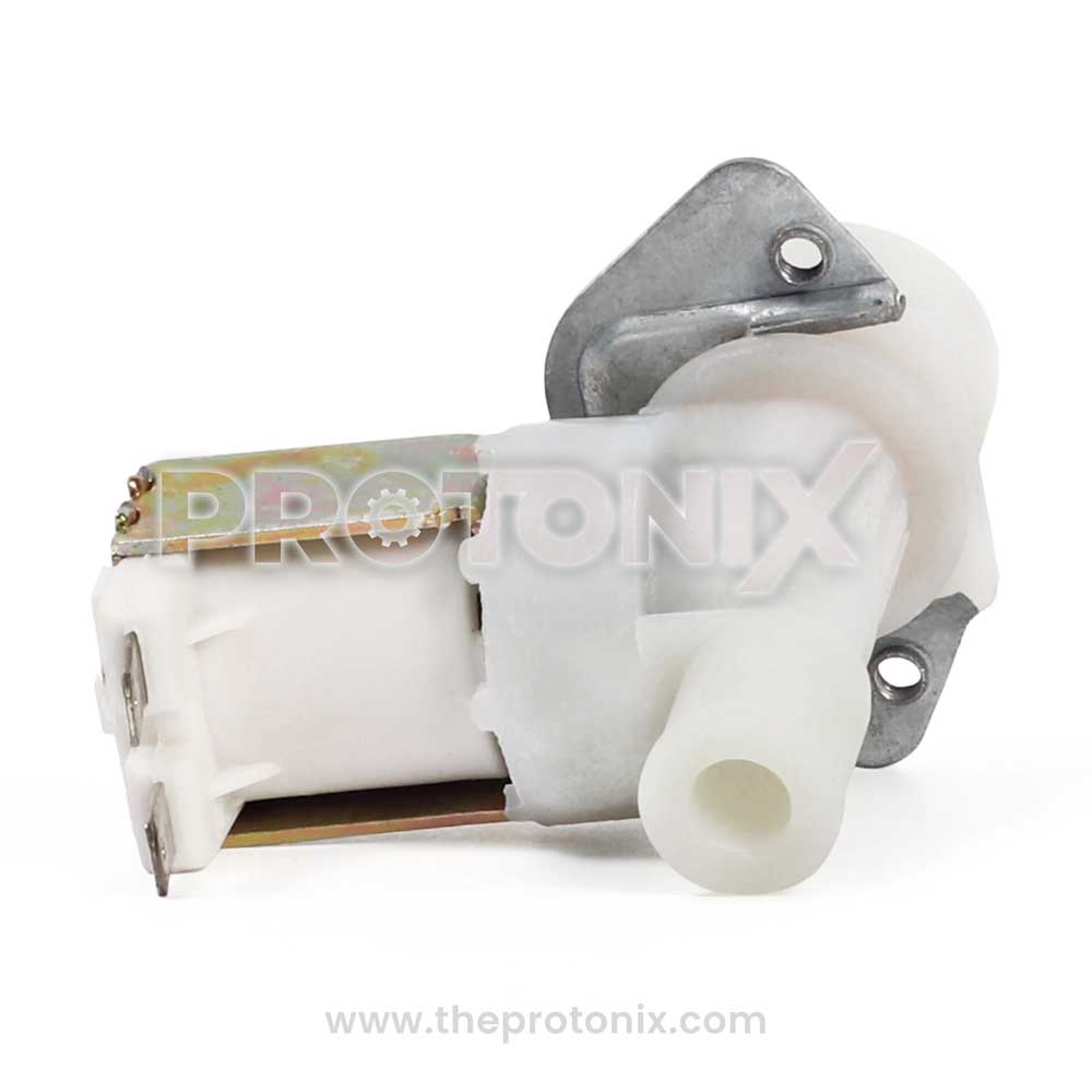 A white Godrej top-load water inlet valve for a washing machine with visible metallic parts and a plastic body.